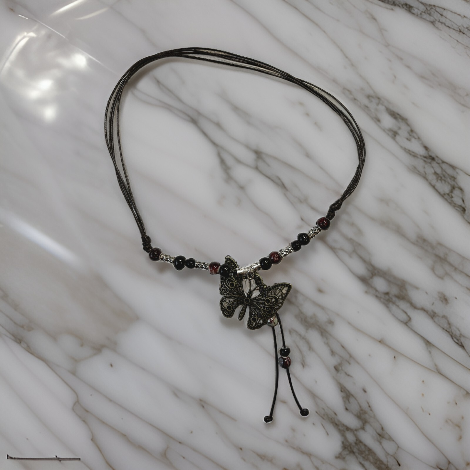 Black White Bead Silver Butterfly Pendant Charm Blessing Vintage Necklace