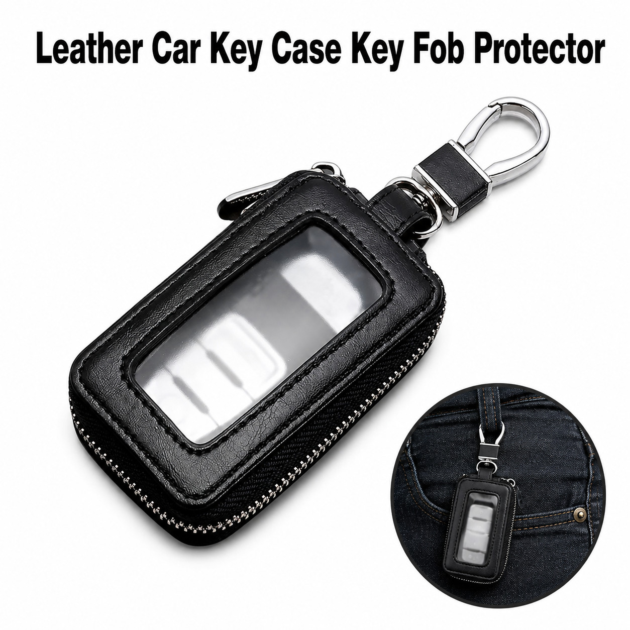 Leather Car Key Case Holder Key Fob Protector Cover Wallet Zip Pouch with Keyrin