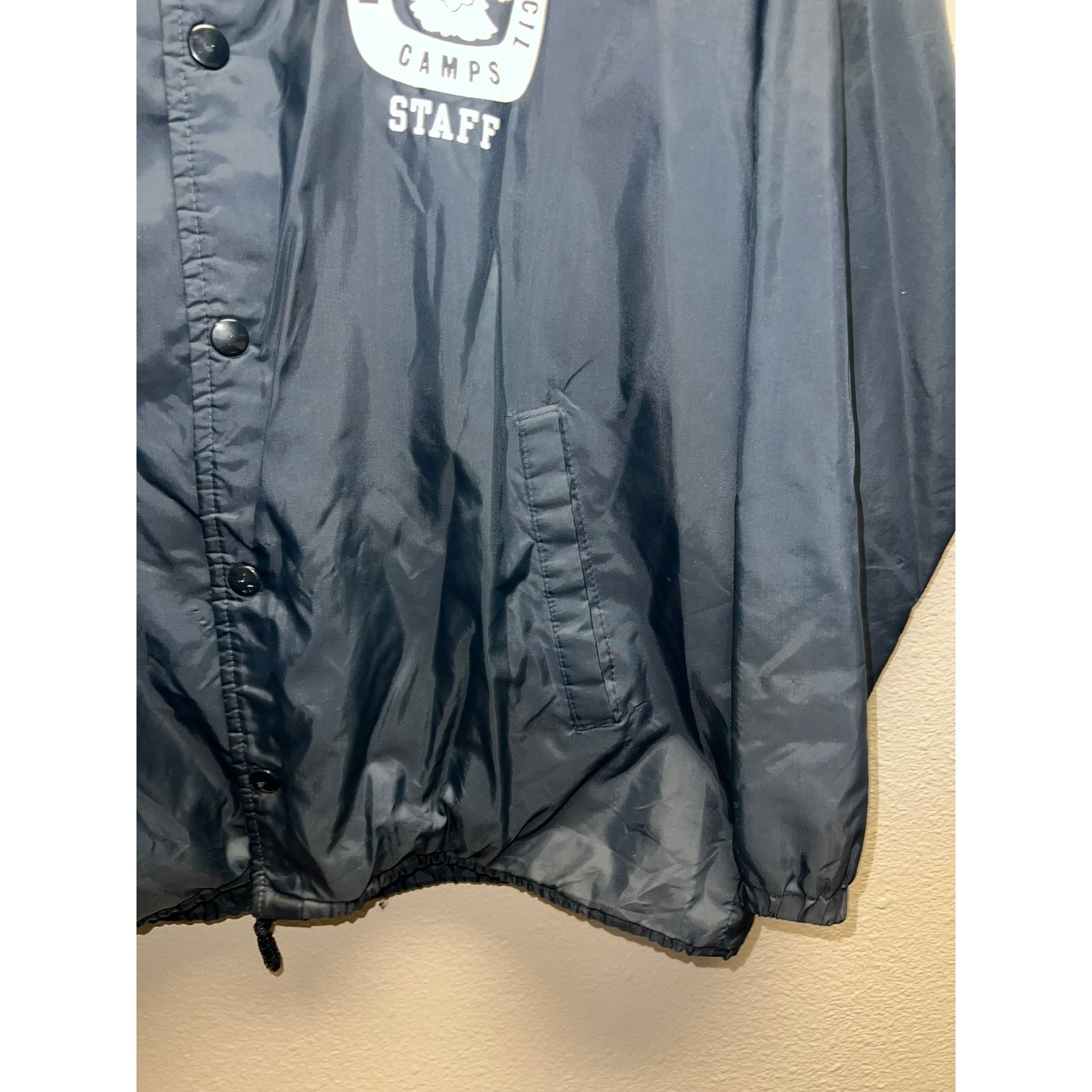 Vintage Sports Master Bomber Jacket Blue Button Up French Creek Camps Staff 80s