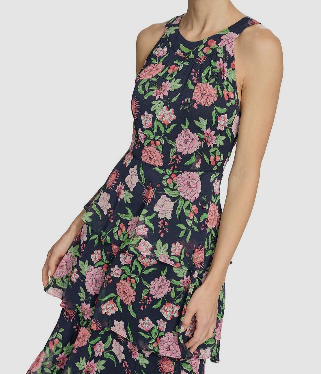 Tommy Hilfiger Women’s Blue Chiffon Floral Ruffled Halter A-Line Dress Size 8