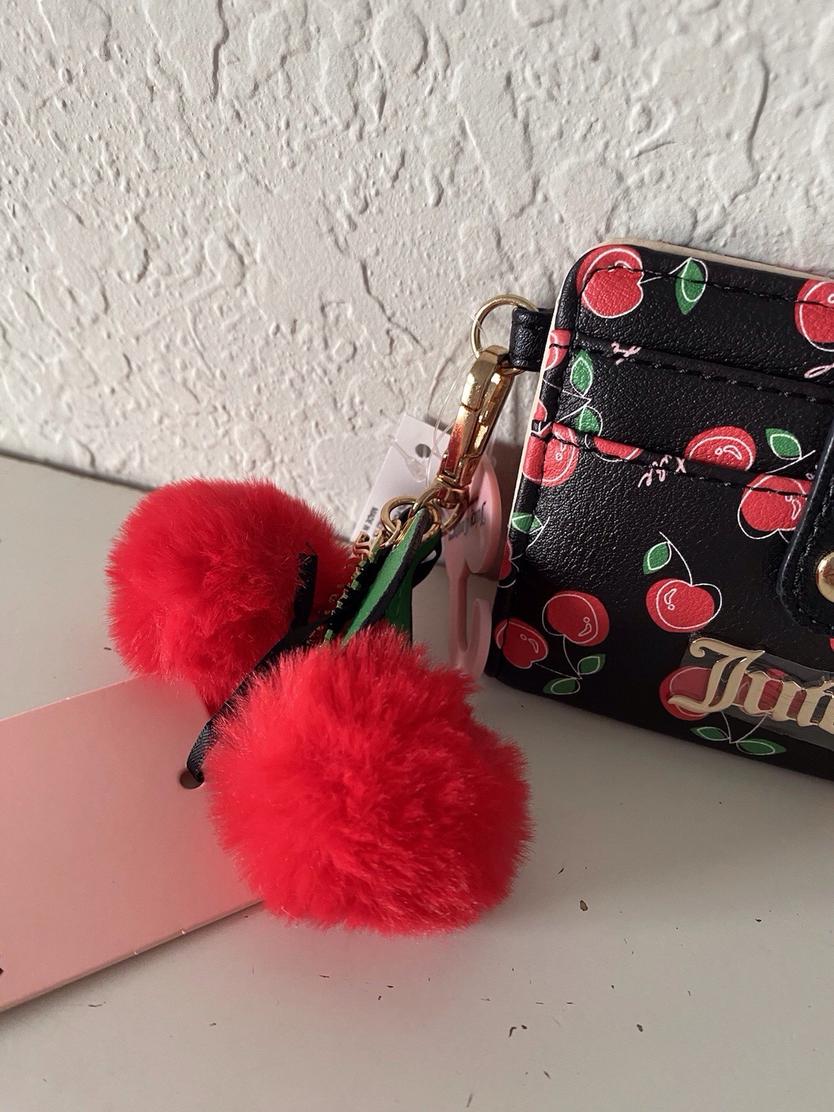 Juicy Couture Cherry Girl CC Wallet W/Back Window Black Red W/Charm Pom Pom NEW