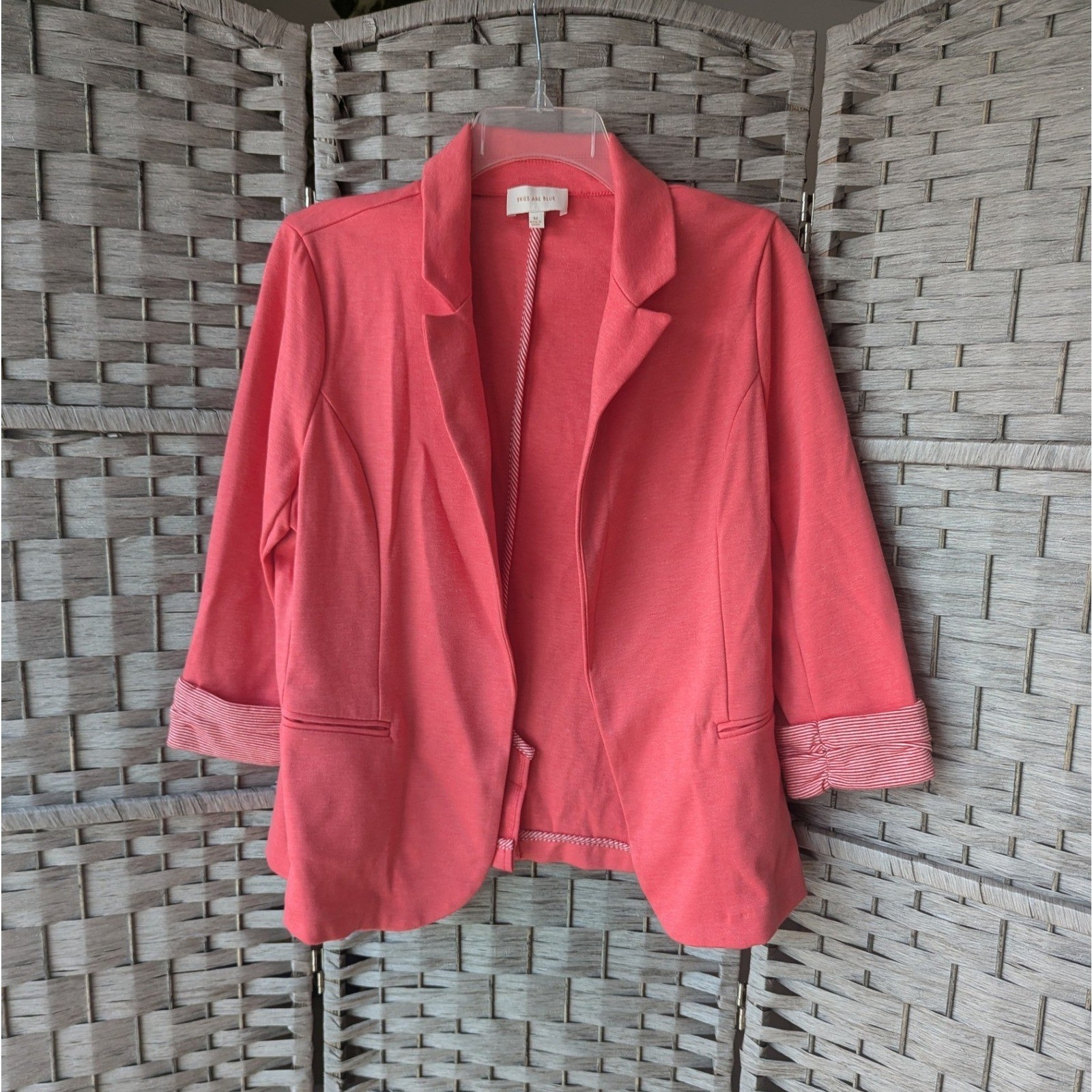 Skies Are Blue Stretch Blazer Coral Striped Cuff Open Front Sz M Comfort Office