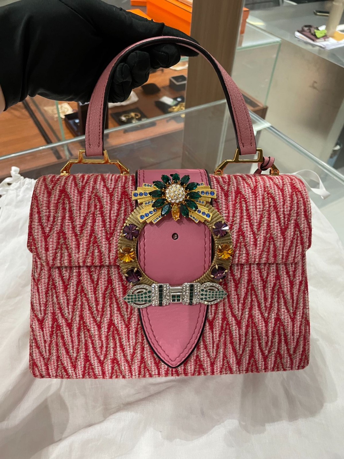 Miu Miu Mini Sunflower Gem Shoulder Bag Pink Leather Italy