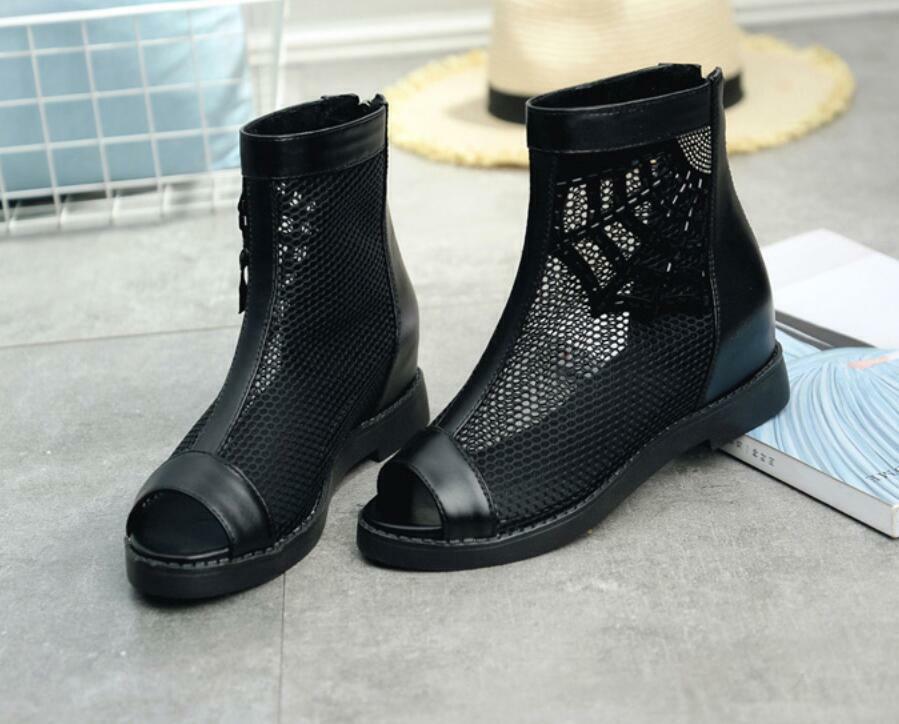 Women’s Roman Sandals Ankle Boots Peep Toe Low Hidden Wedge Heel Mesh Net Shoes