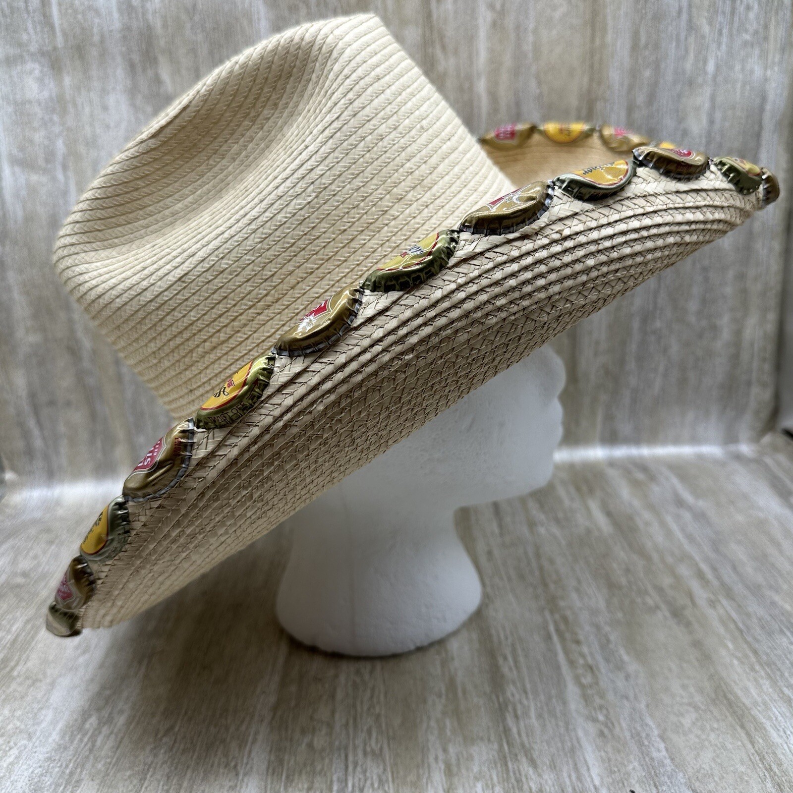 Rodeo Cowboy Hat Mens Approx Size 6.75 Straw Long Oval Wide Rim Beer Bottle Caps