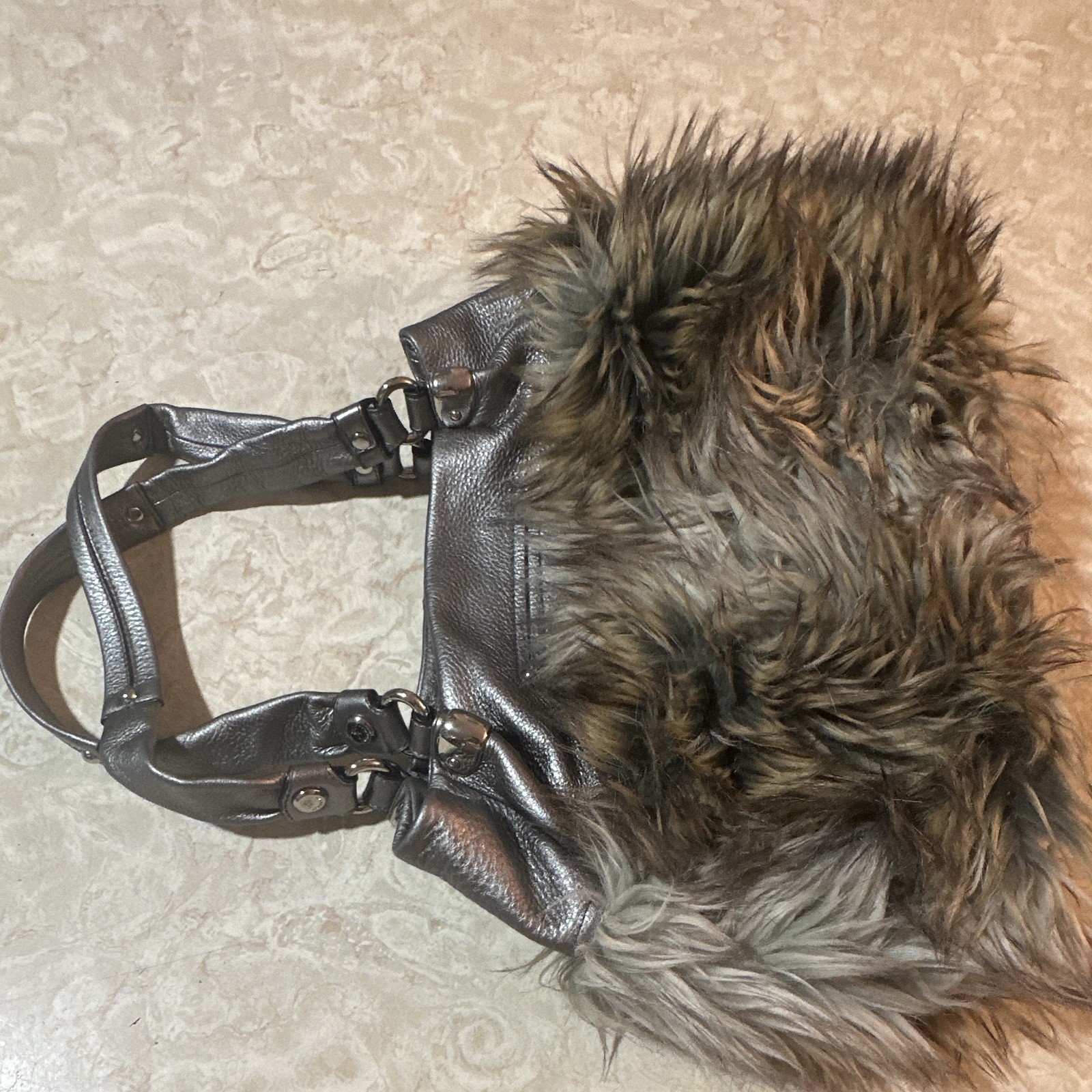 B. Makowsky Brown/Gray Leopard Shoulder Bag, Zip Closure, Double Handles