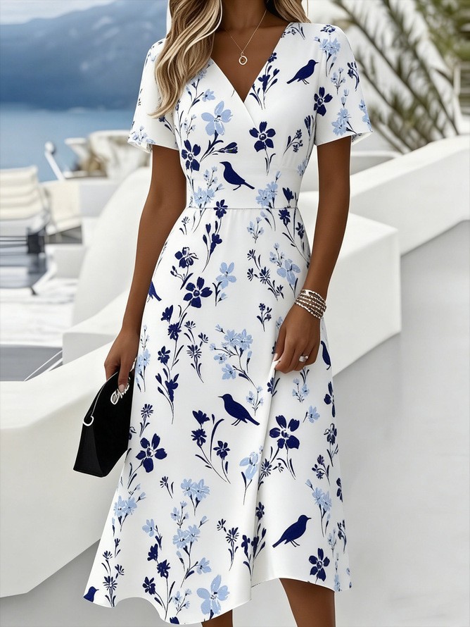 NEW Floral 3D Digital-print V-neck Short-sleeve Dress Sizes S-4XL