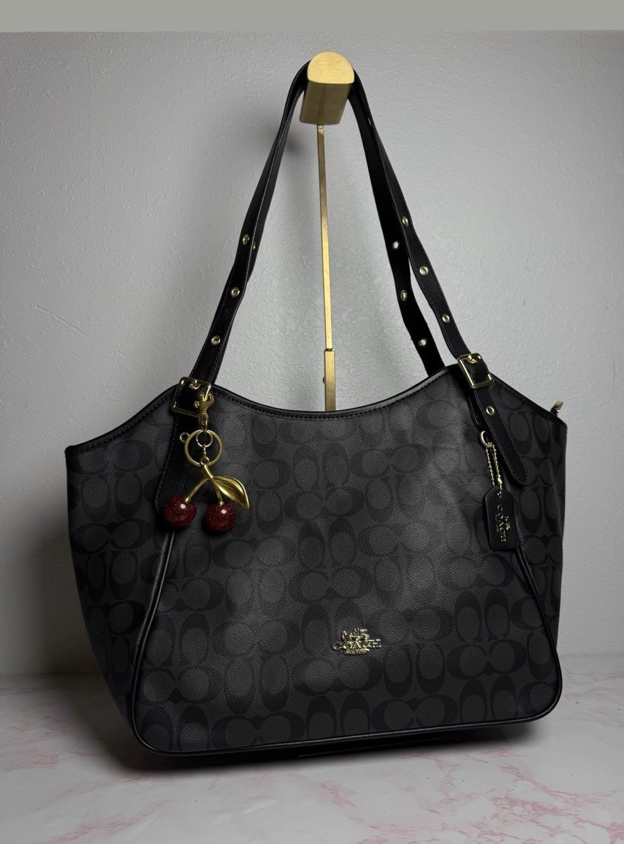 Coach Signature Logo Brown Tote Shoulder Bag Gold Hardware w/Cherry Charm