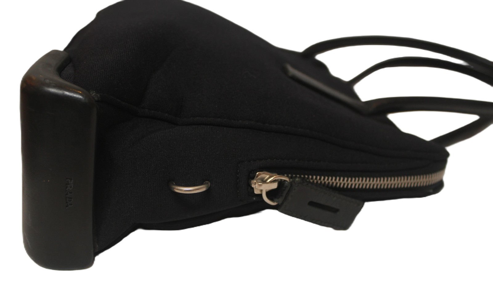 PRADA Milano Black Neoprene Hand Bag Shoulder Tote Bag Padlock System Italy