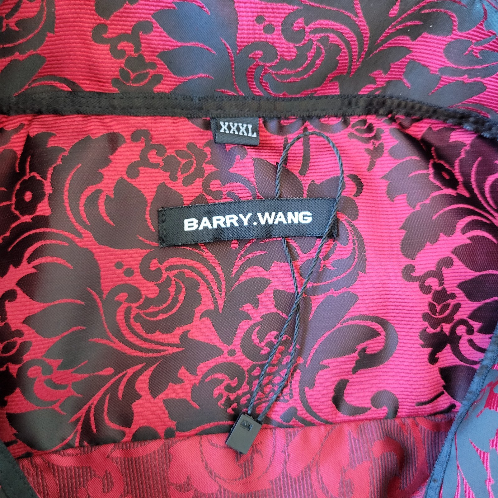 Barry Wang Long Sleeve Shirt 3XL Floral Red Black Metallic Shiny Silk Button Up