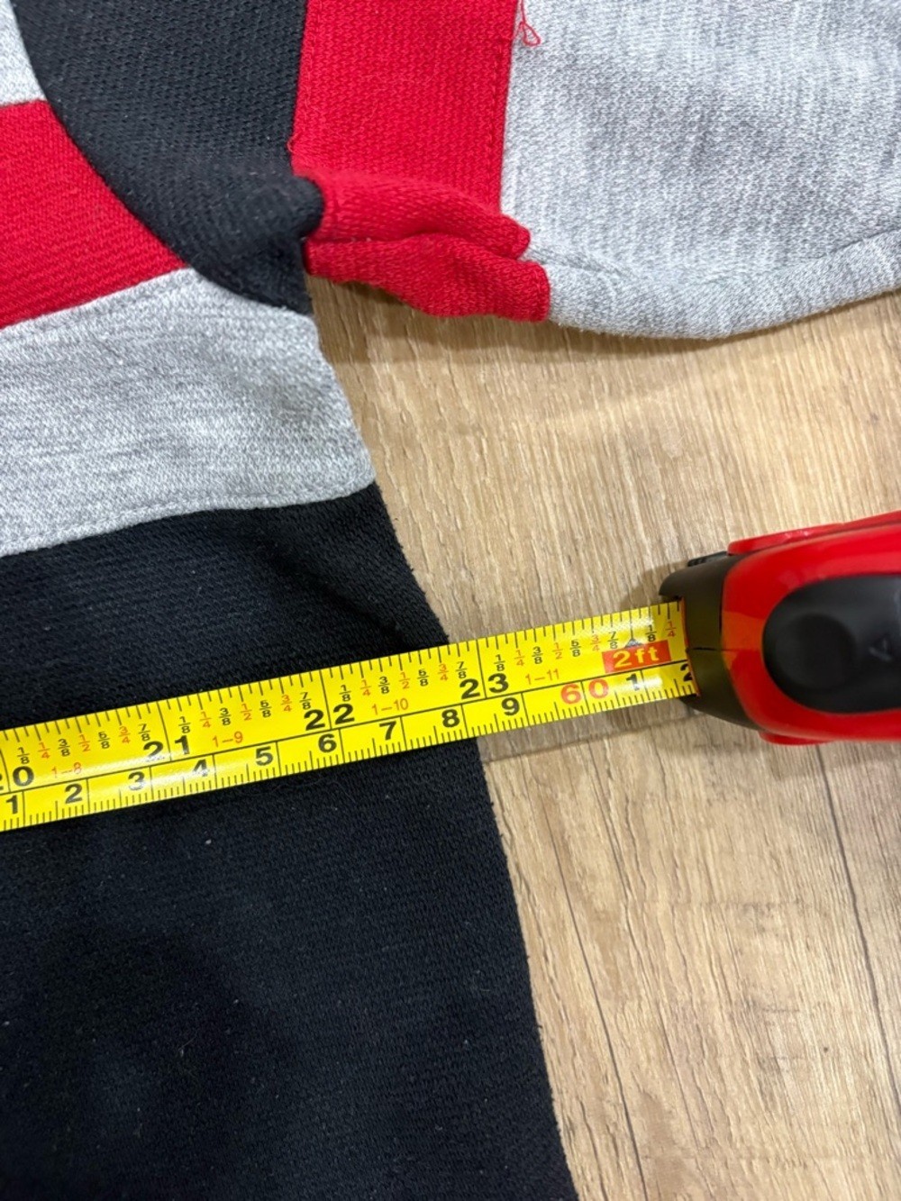 Vintage Striped Polo Button Shirt with American Flag Patch – Gray, Black & Red