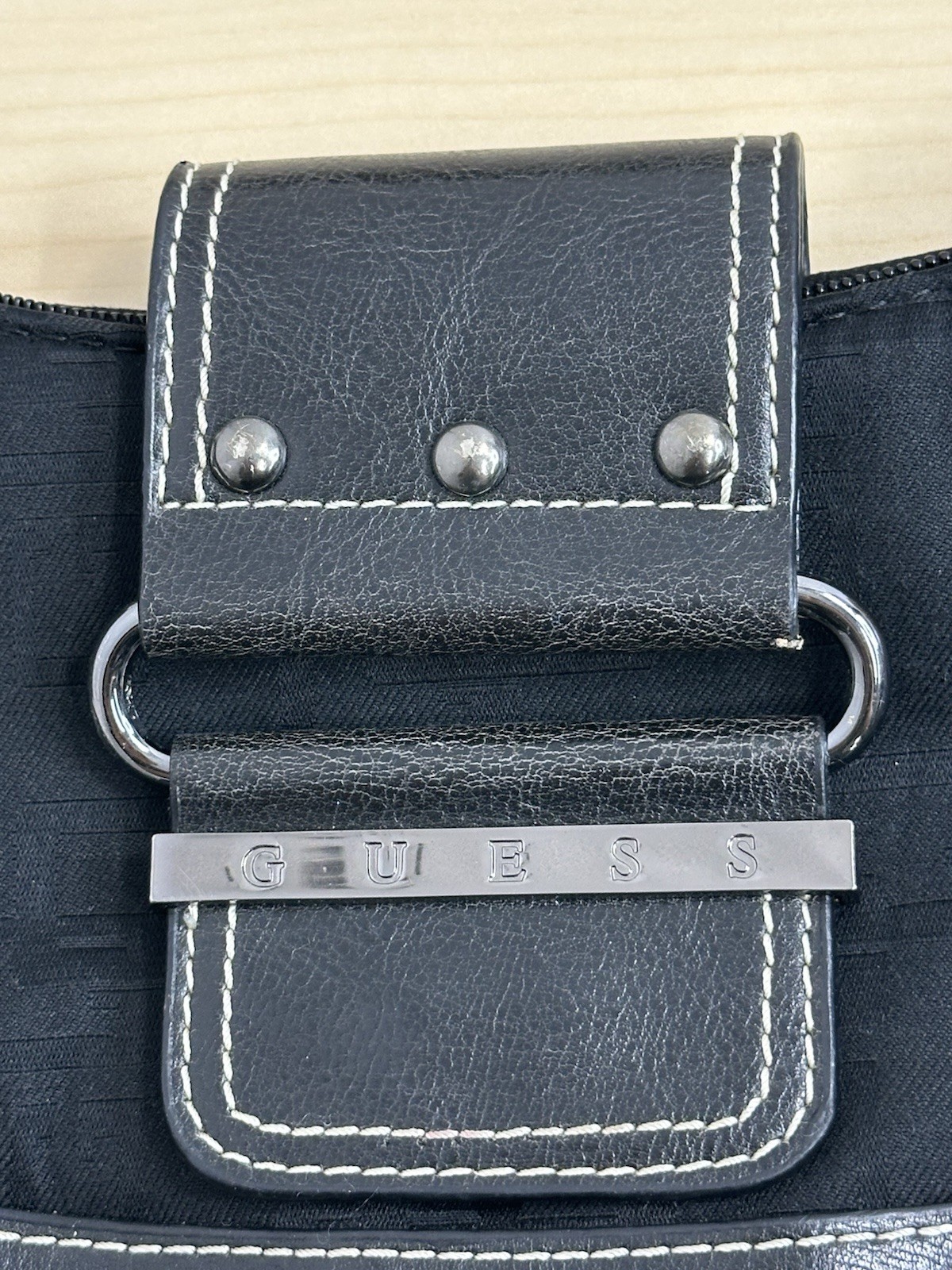 GUESS Vintage Black Logo Shoulder Bag Studded Buckle Magnetic Close Silver