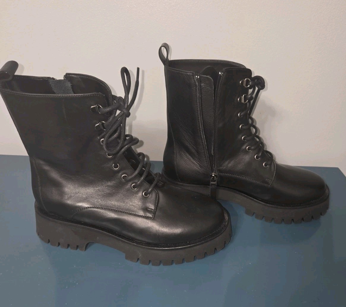NWOT Combat Boots M. Gemi Italian Leather Black Lace Up W/ Side Zip W-9 M-7