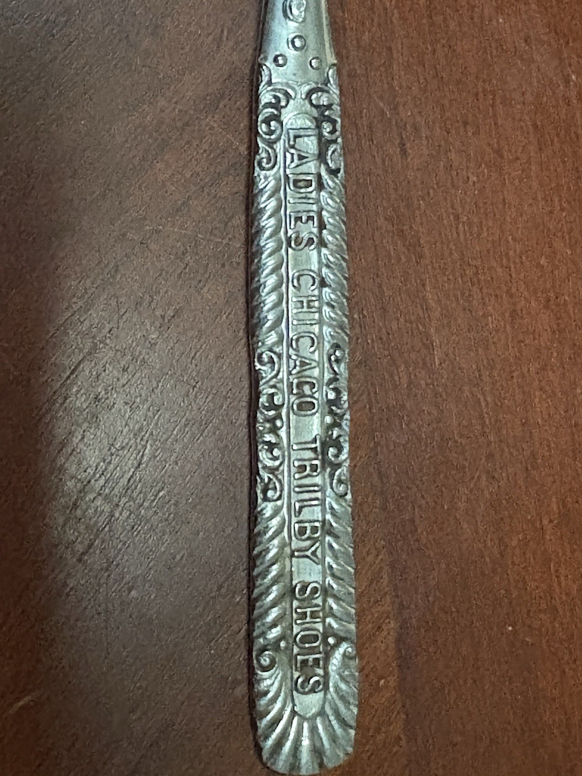 Antique Metal Button Hook Silver Tone Floral Design 6″