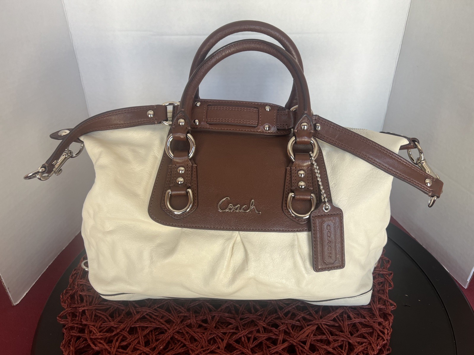 COACH Cream with brown Satchel Cross Body Shoulder Bag Purse w/keychain