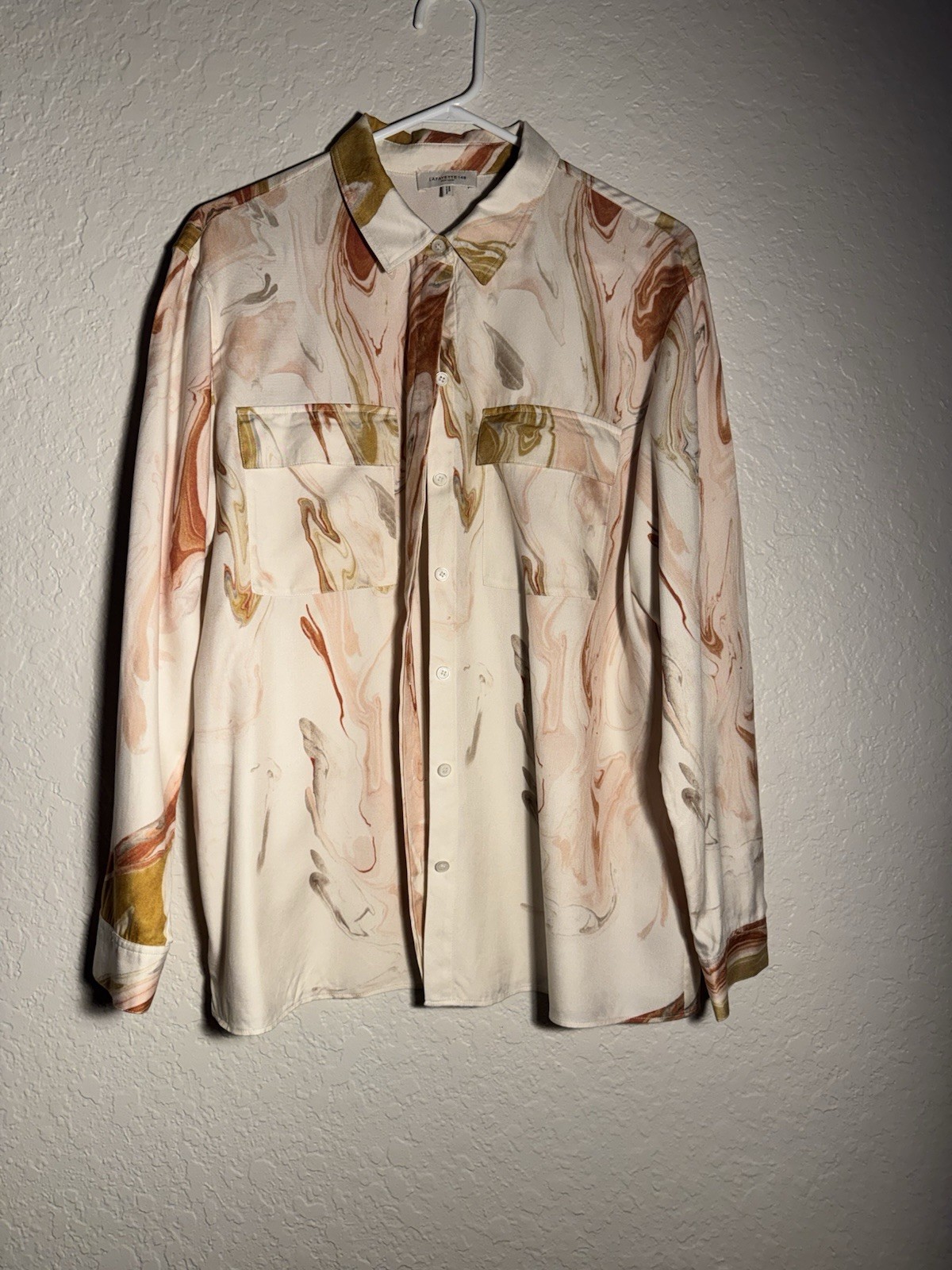 Lafayette 148 New York Women’s Ivory Abstract Button-Up Collared Blouse L LS