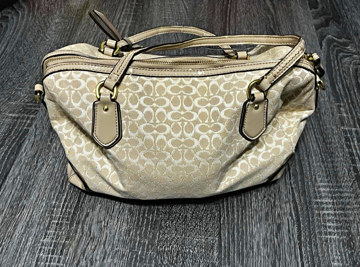 Coach Signature Beige Shoulder Bag Zip Pockets Bag Charm Purple Lining