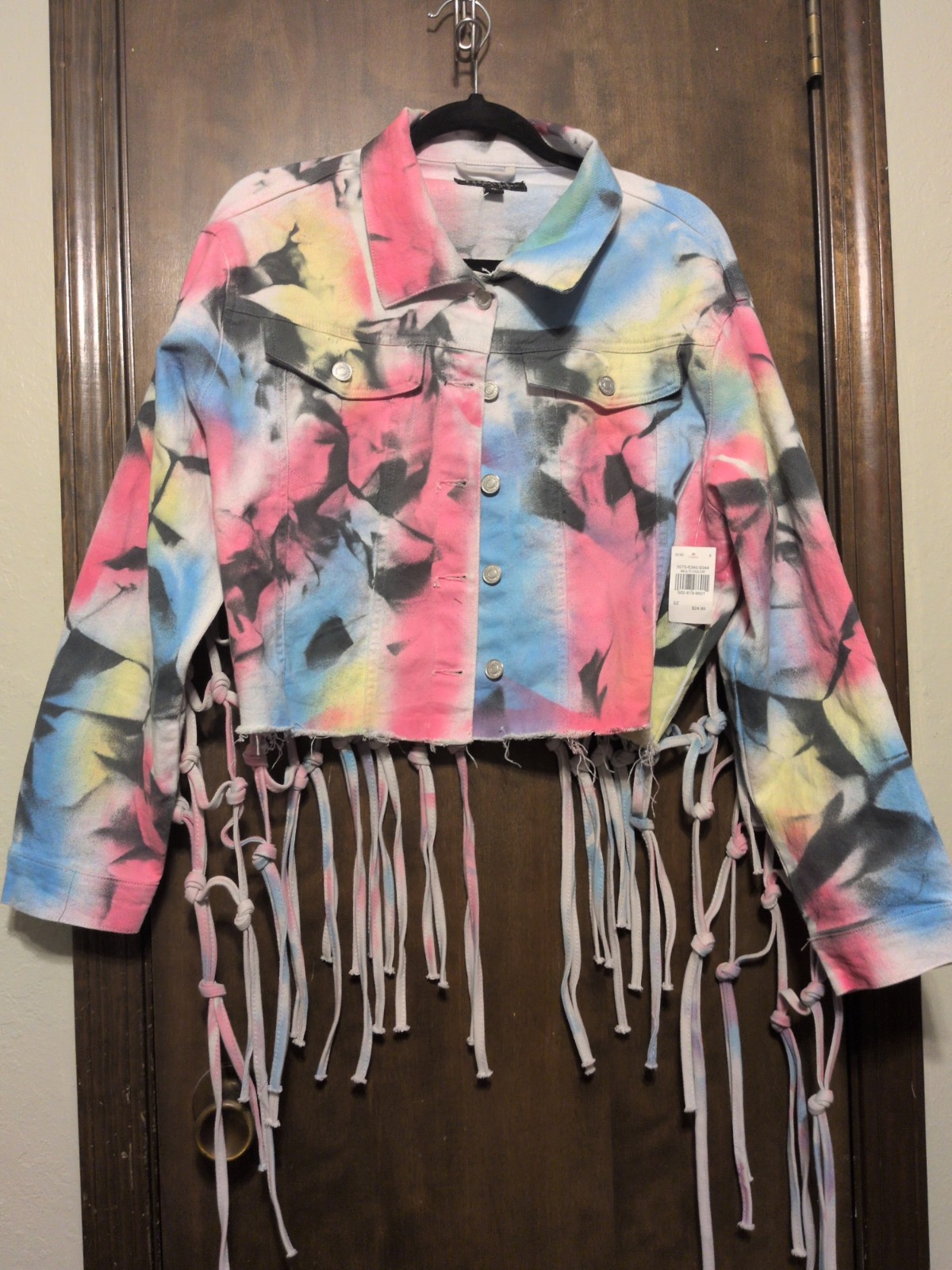 Womens Thrill Jeans jacket, cropped, tie dye, distressed, fringe, XL