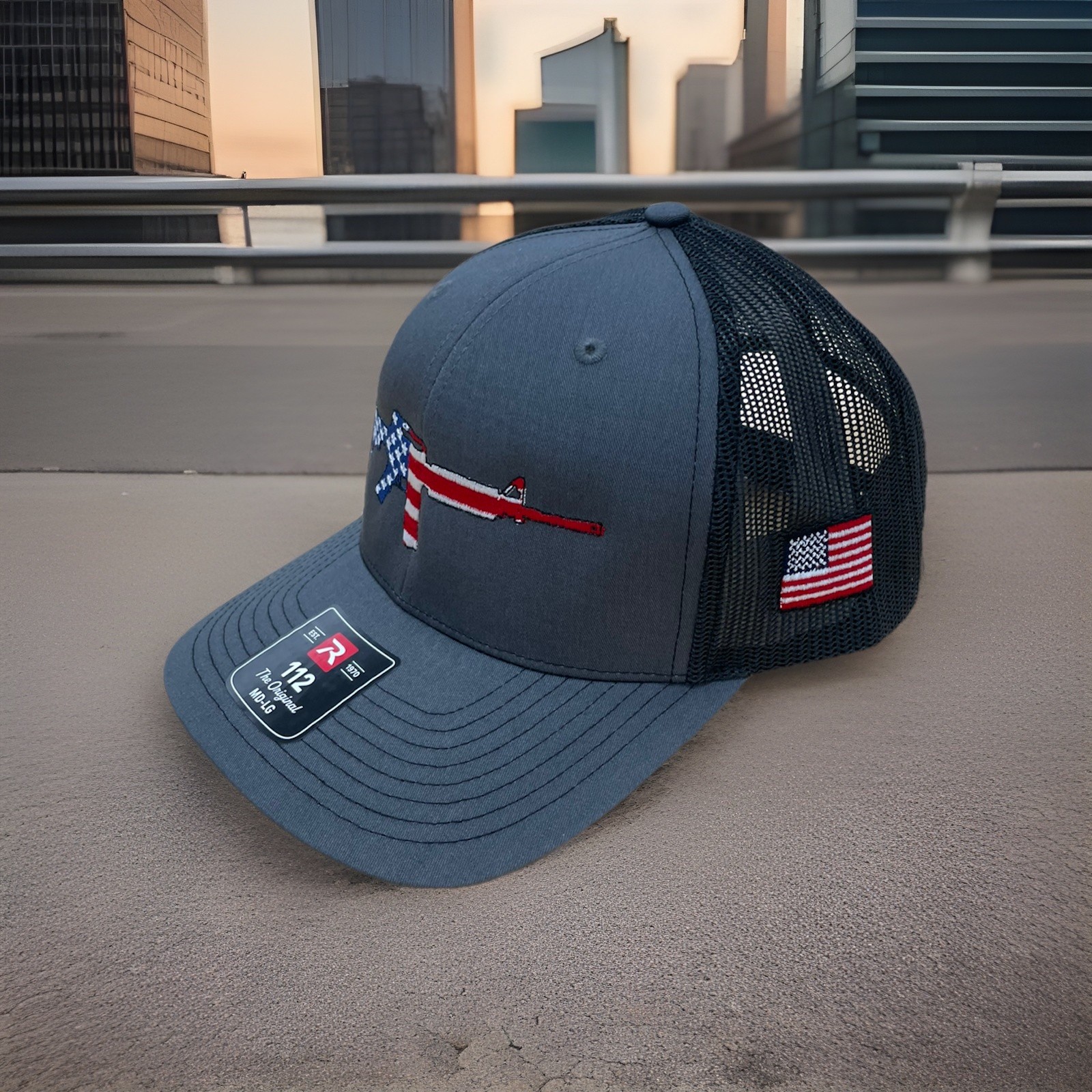 Richardson 112 charcoal/Black Trucker Hat USA Flag Embroidered Snapback Cap MAGA