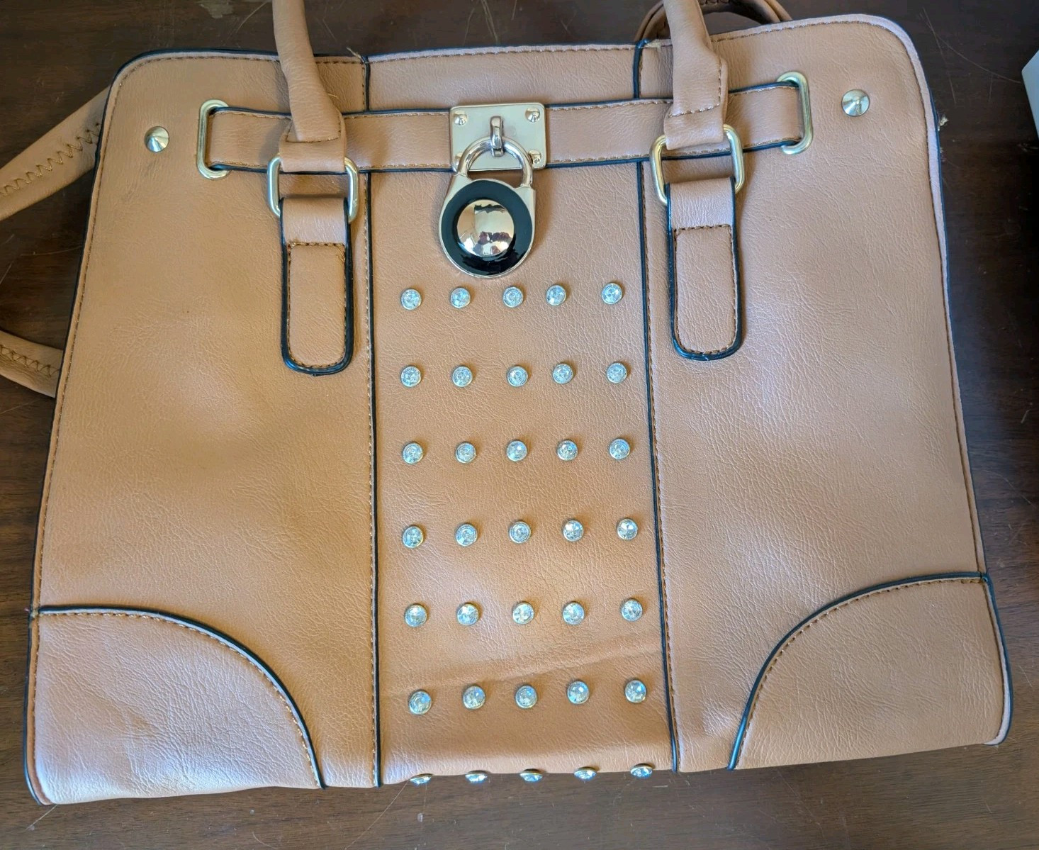 Tignanello Caramel Brown Pebbled Leather Satchel Style Purse Handbag Rhinestones