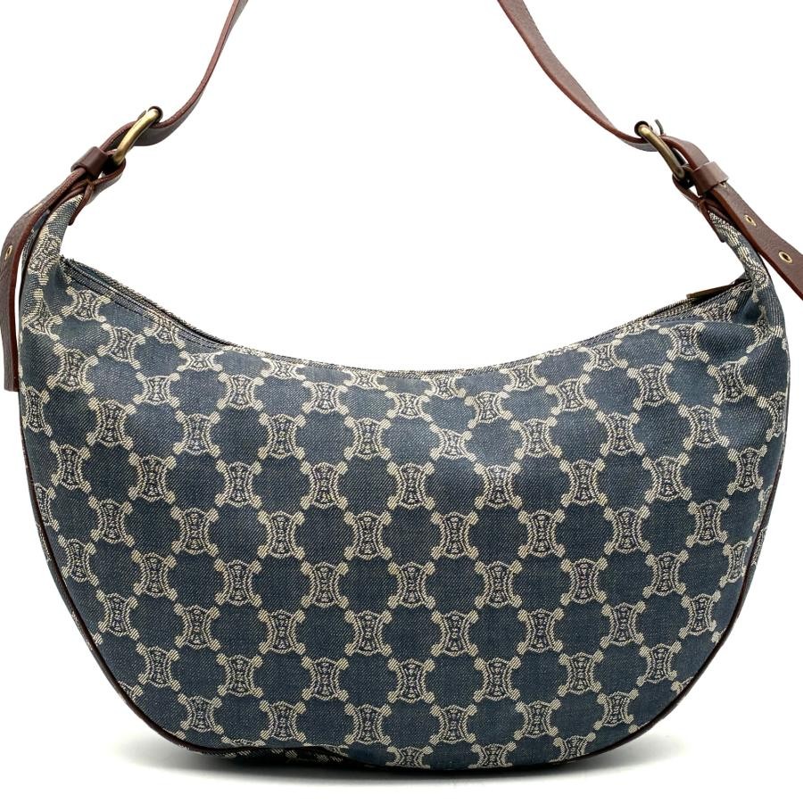CELINE Paris Macadam Half Moon Denim Leather Shoulder Bag Blue Brown Auth