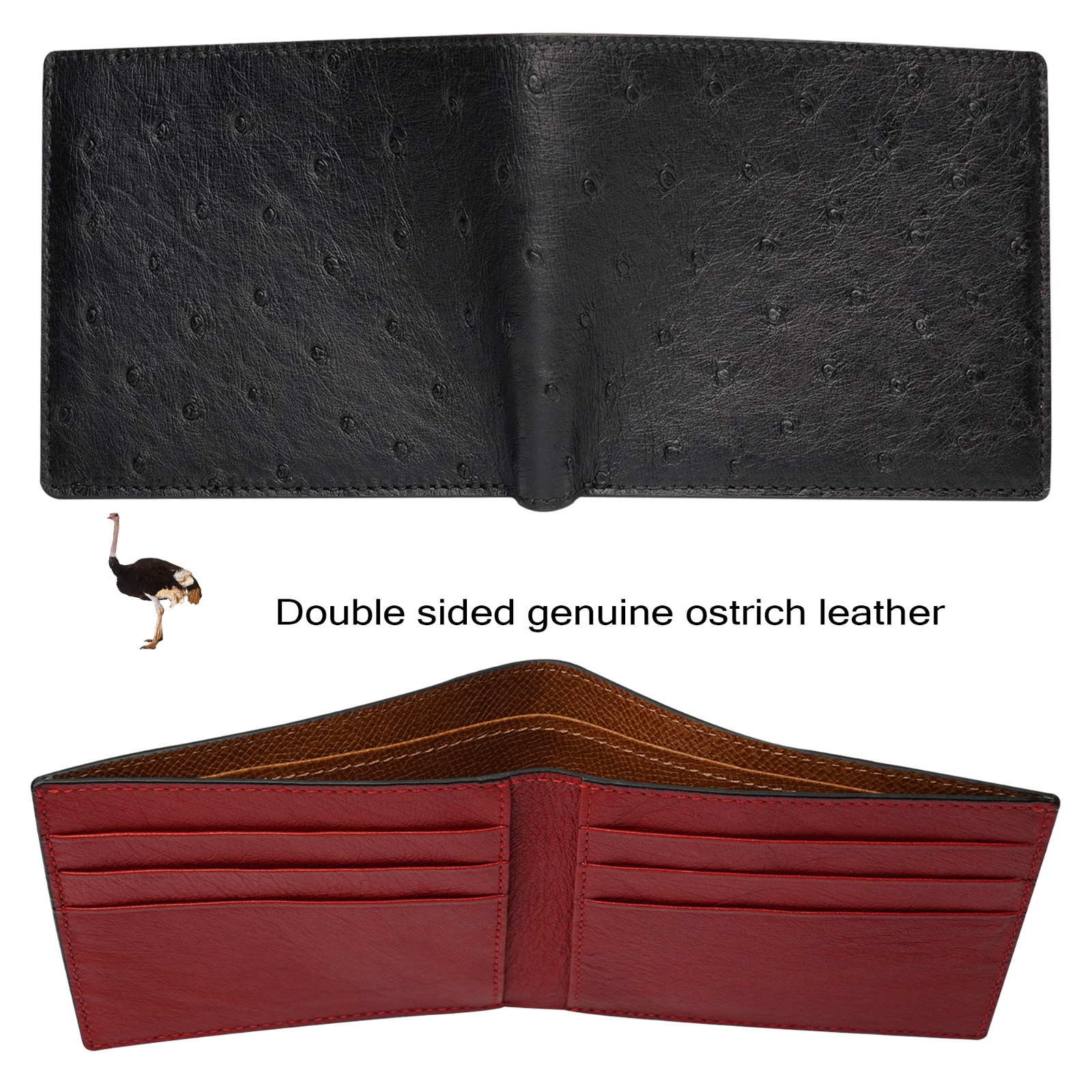 Genuine Ostrich Black/Red Bifold Leather Wallet Men’s Skin Wallet Handmade