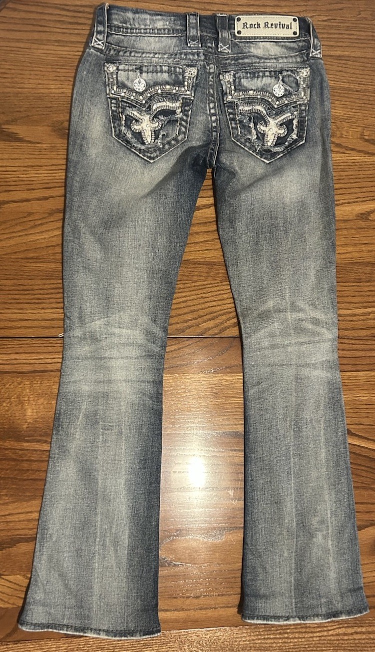 Rock Revival Embellished Distressed “Betty” Bootcut Jeans Size 25×29