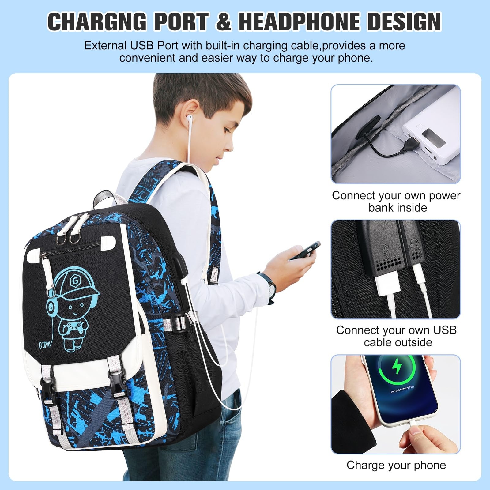 Backpack Boys Cool Luminous Lunch Box Pen Case USB Charging Port Music
