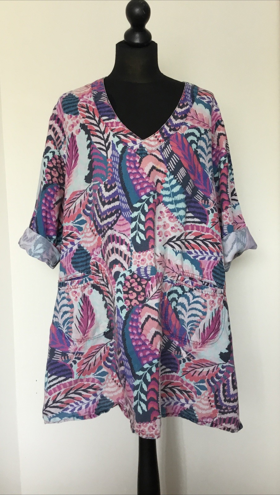 BOX2 UK 18-20 Multicoloured Cotton /Linen Swing Tunic Top With Two Front Pockets