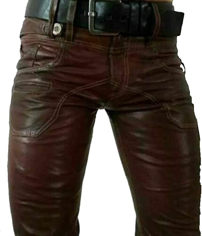 Mens Leather Jeans Pants Trouser 5 Pockets Cowhide Brown Breeches BLUF Levis 501
