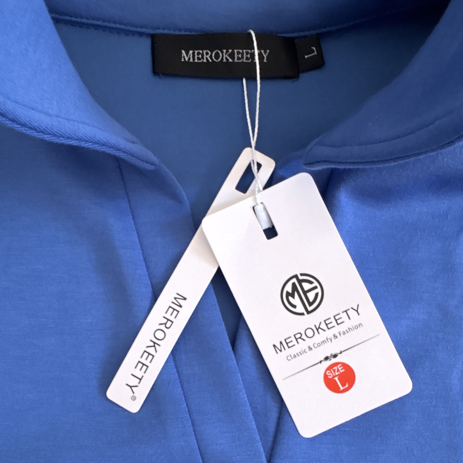 MEROKEETY NWT Blue Mock Neck Pullover Sweatshirt Long Sleeve Womens L Comfy