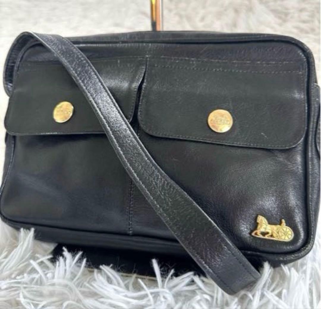 CELINE Leather Camera Shoulder Black Horse Carriage Hardware Used From Japan