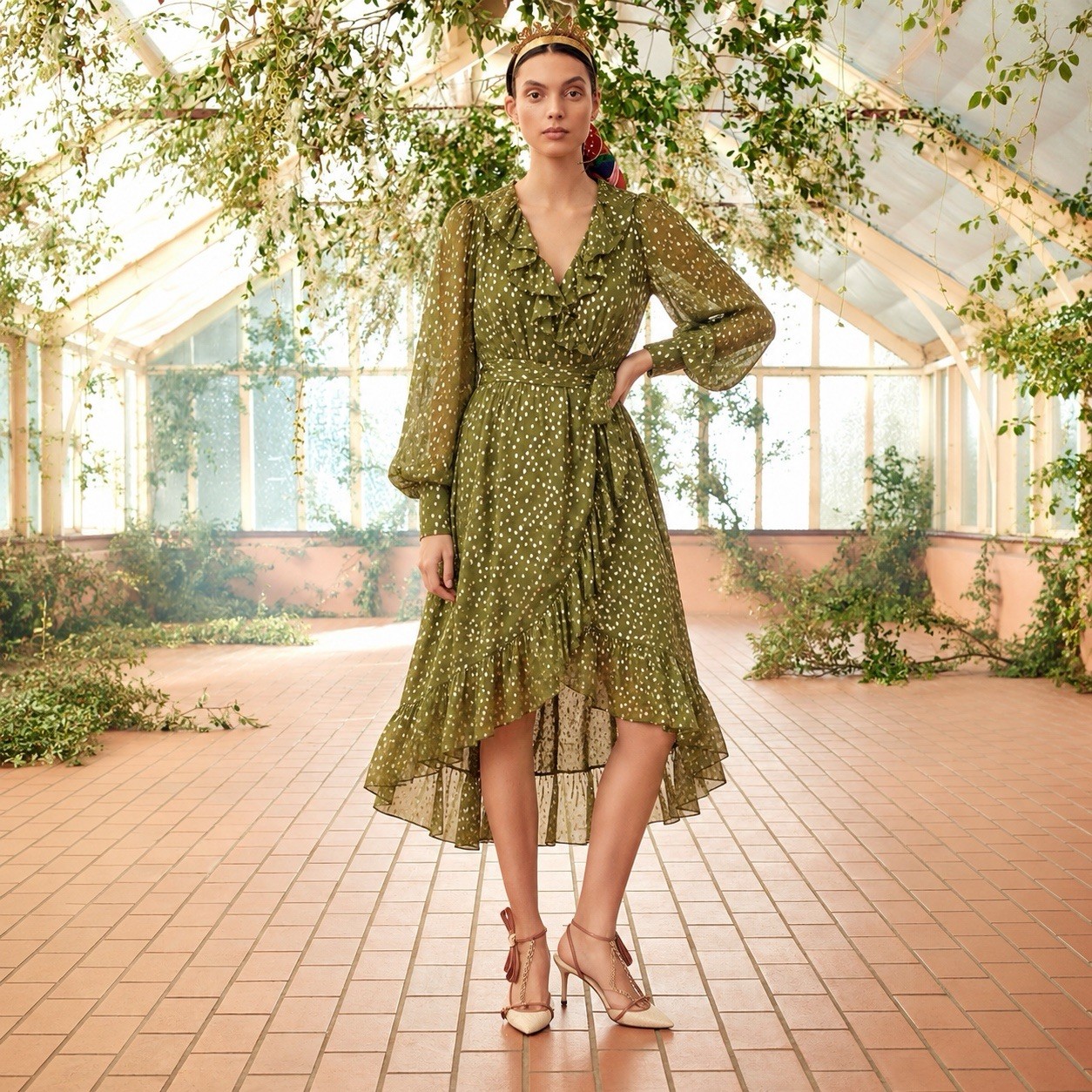 Zimmermann Lurex Wrap Midi Silk Chiffon Metallic Dot Dress 0