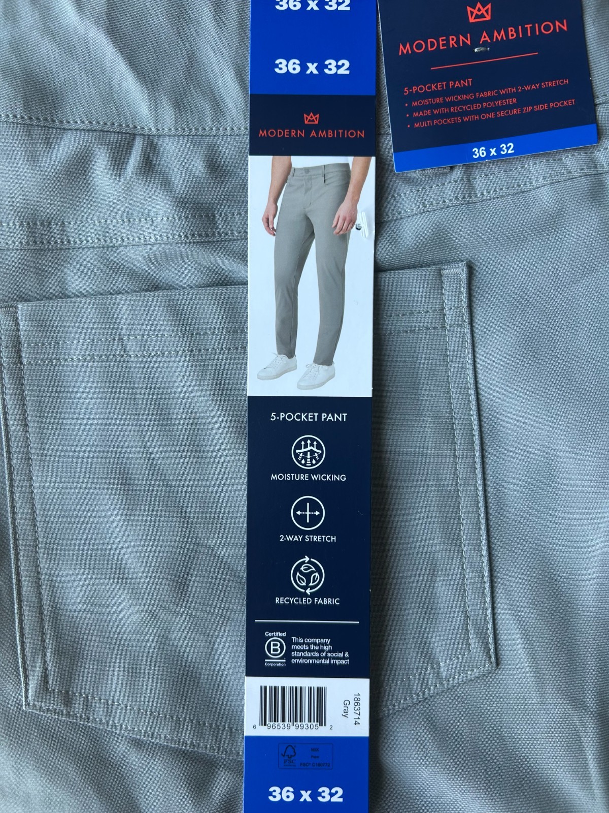 Modern Ambition Men’s 5-Pocket Pant Moisture Wicking Fabric Gray Size 36×32