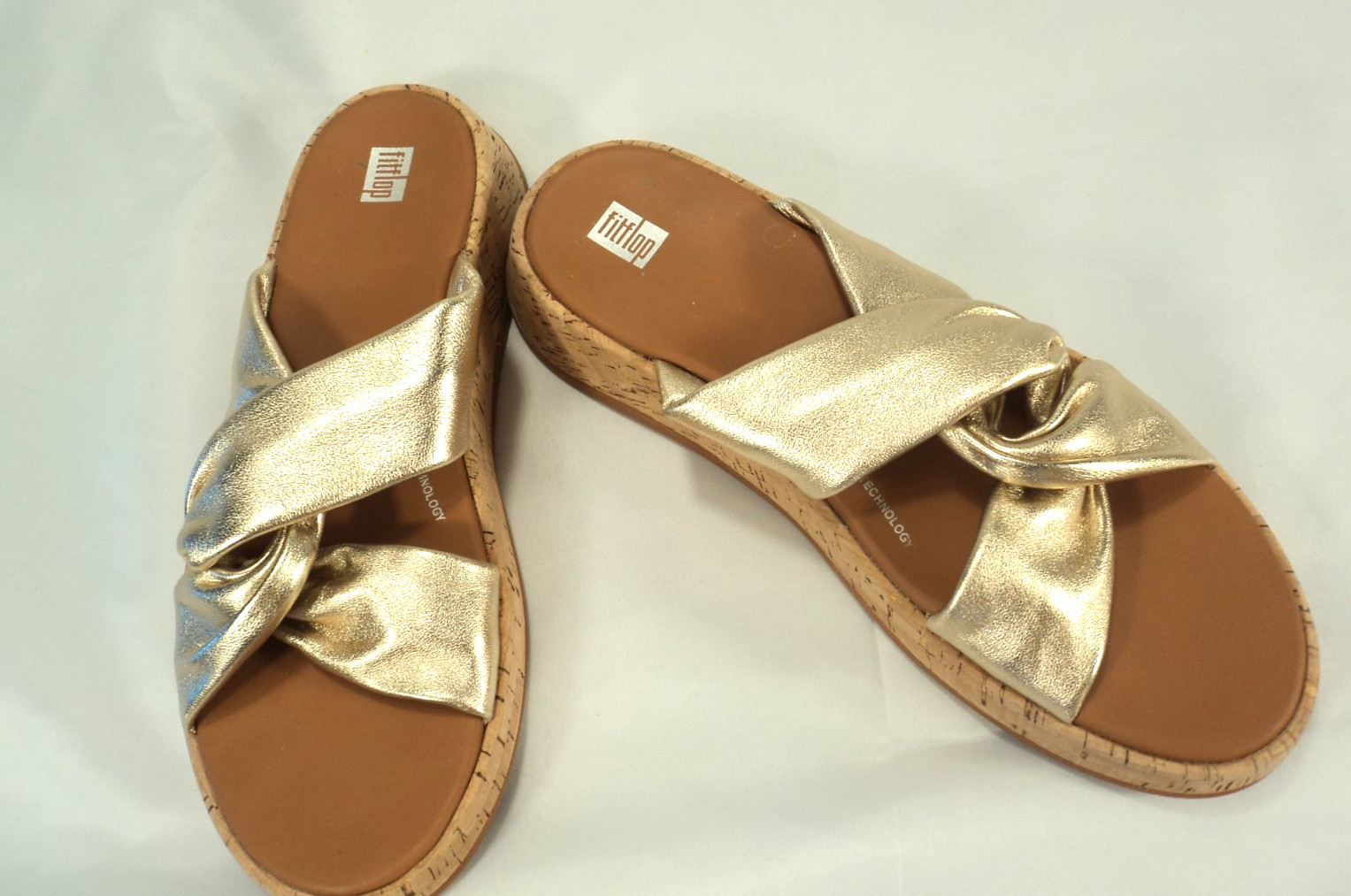 FitFlop F-Mode Leather-Twist Flatform Slides-Cork Wrap in Gold Sz 10 NWOB