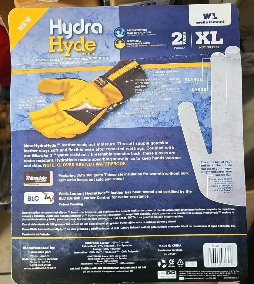 Hydra Hyde 2 Pair Leather XL Work Gloves Weather Resistant Cold Weather