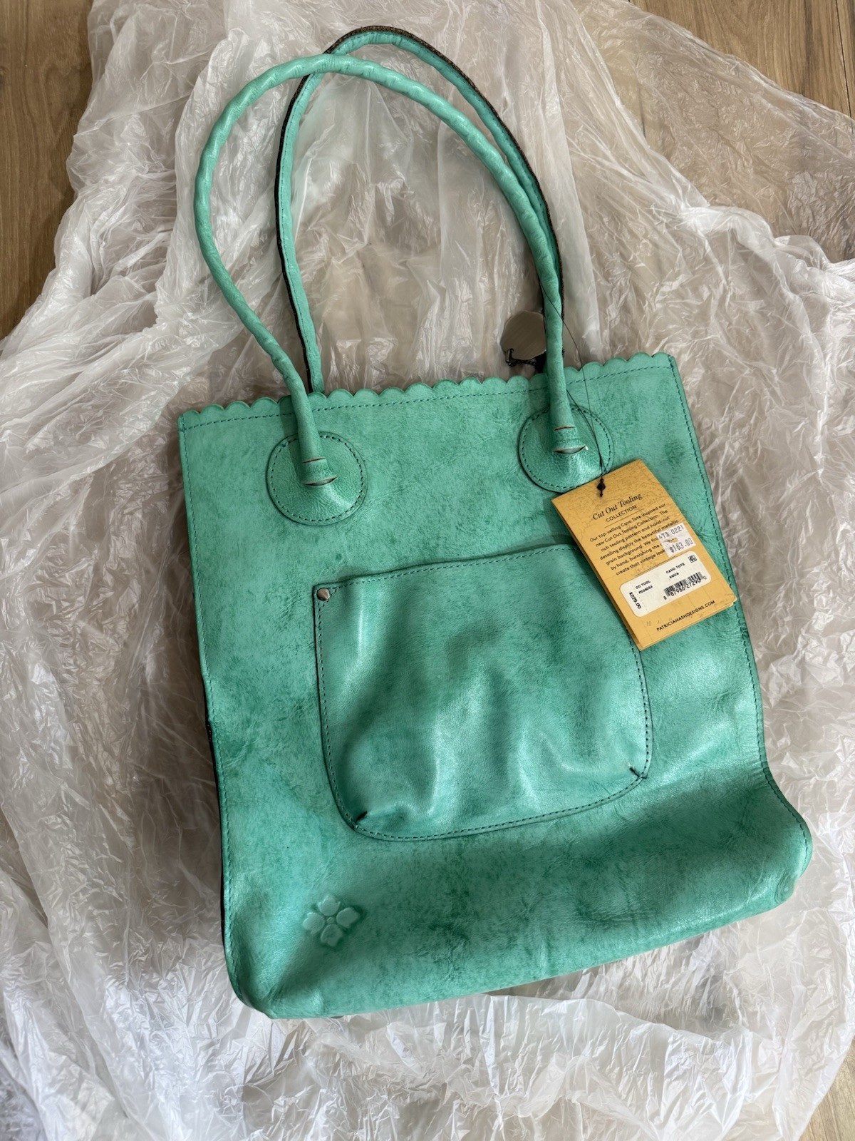 Cole Haan Green Floral Embossed Drawstring Tote, Double Handles, Medium