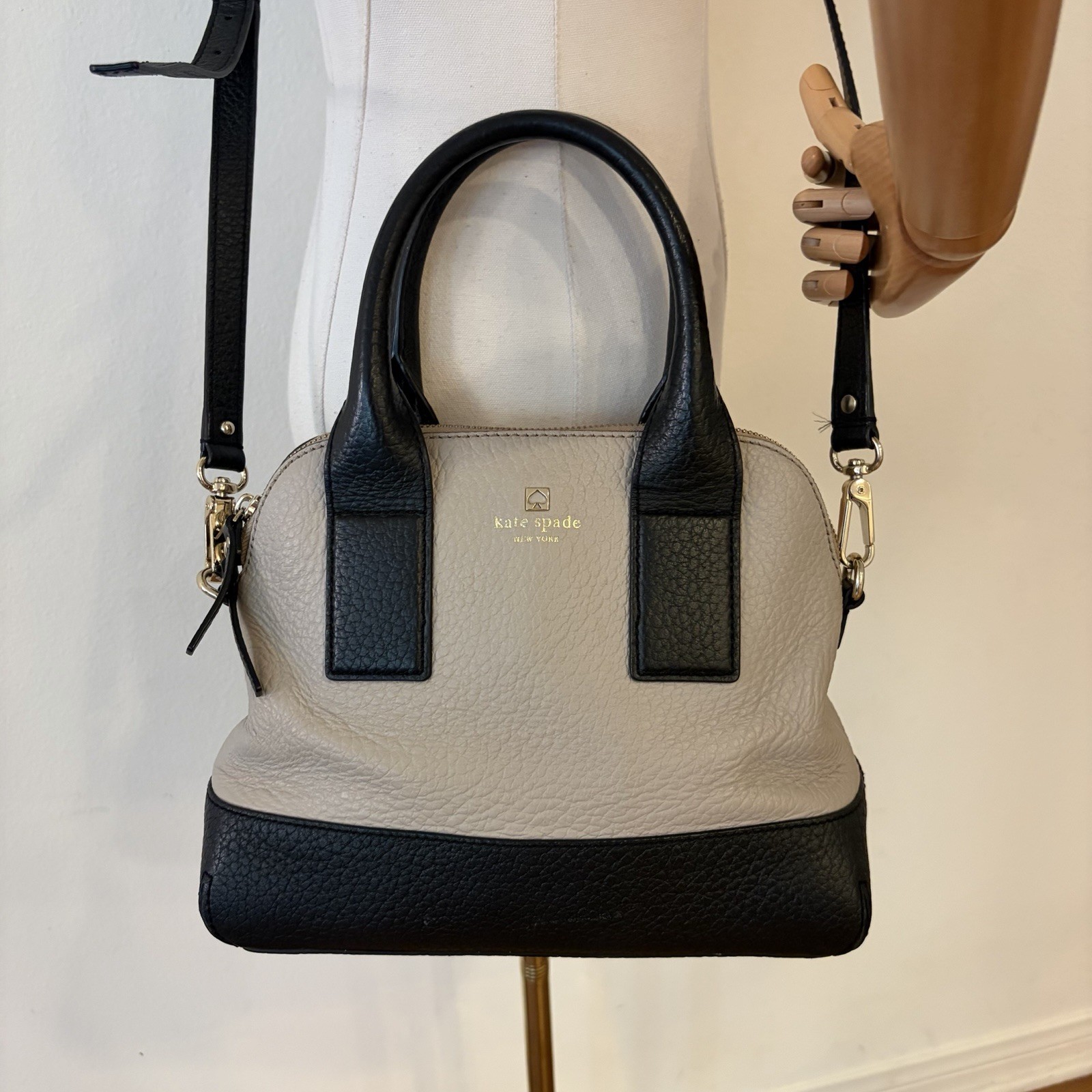 ⁠Kate Spade Leather Satchel Crossbody Bag Two Tone Black Taupe Purse Handbag