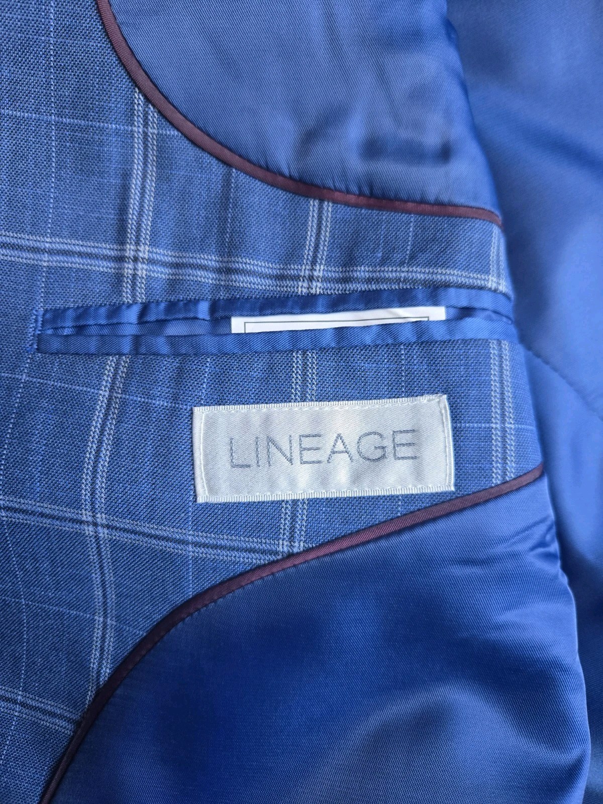 Lineage Performance Stretch Fabric Blue Windowpane 2pc Suit Mens 50R Pants W44