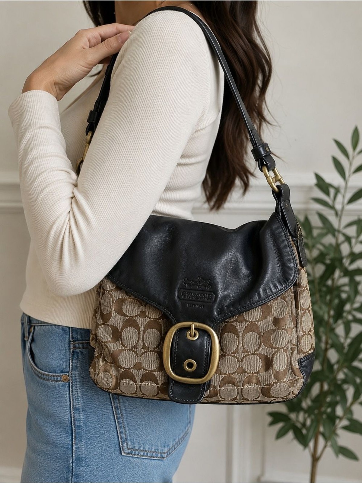 Coach Bleecker Signature Buckle Flap Shoulder Bag Style 11434 Black Brown