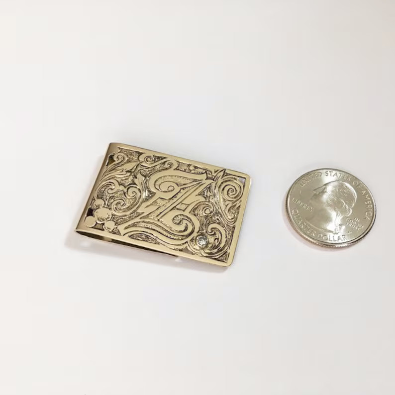 10K Yellow Gold Over Diamond Accent Hand-Engraved Initial Monogram Money Clip 1P