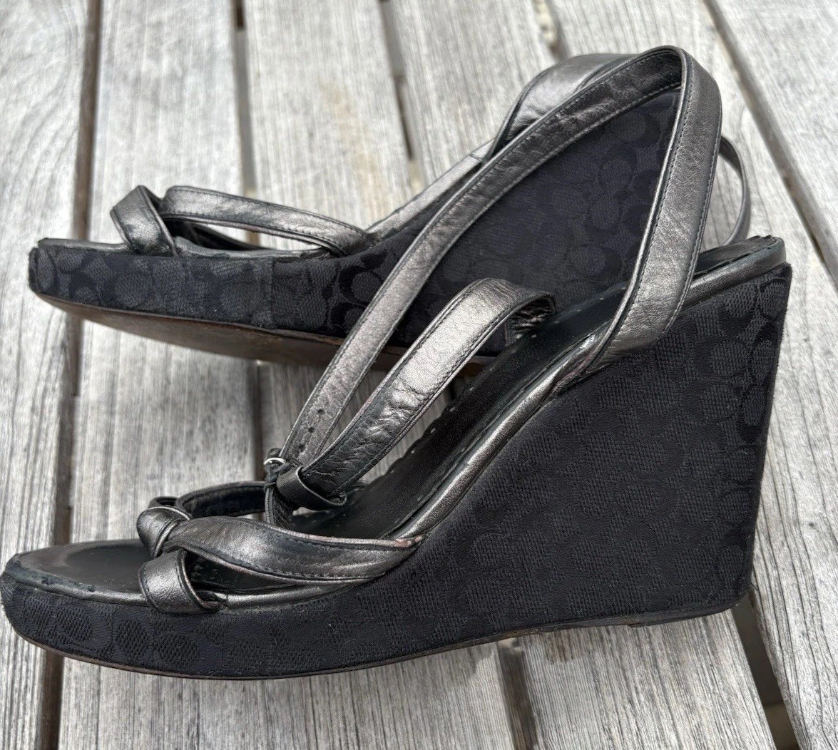Coach Women’s Pewter/Black CC Monogram Ankle Strap Platform Wedge – Size 8