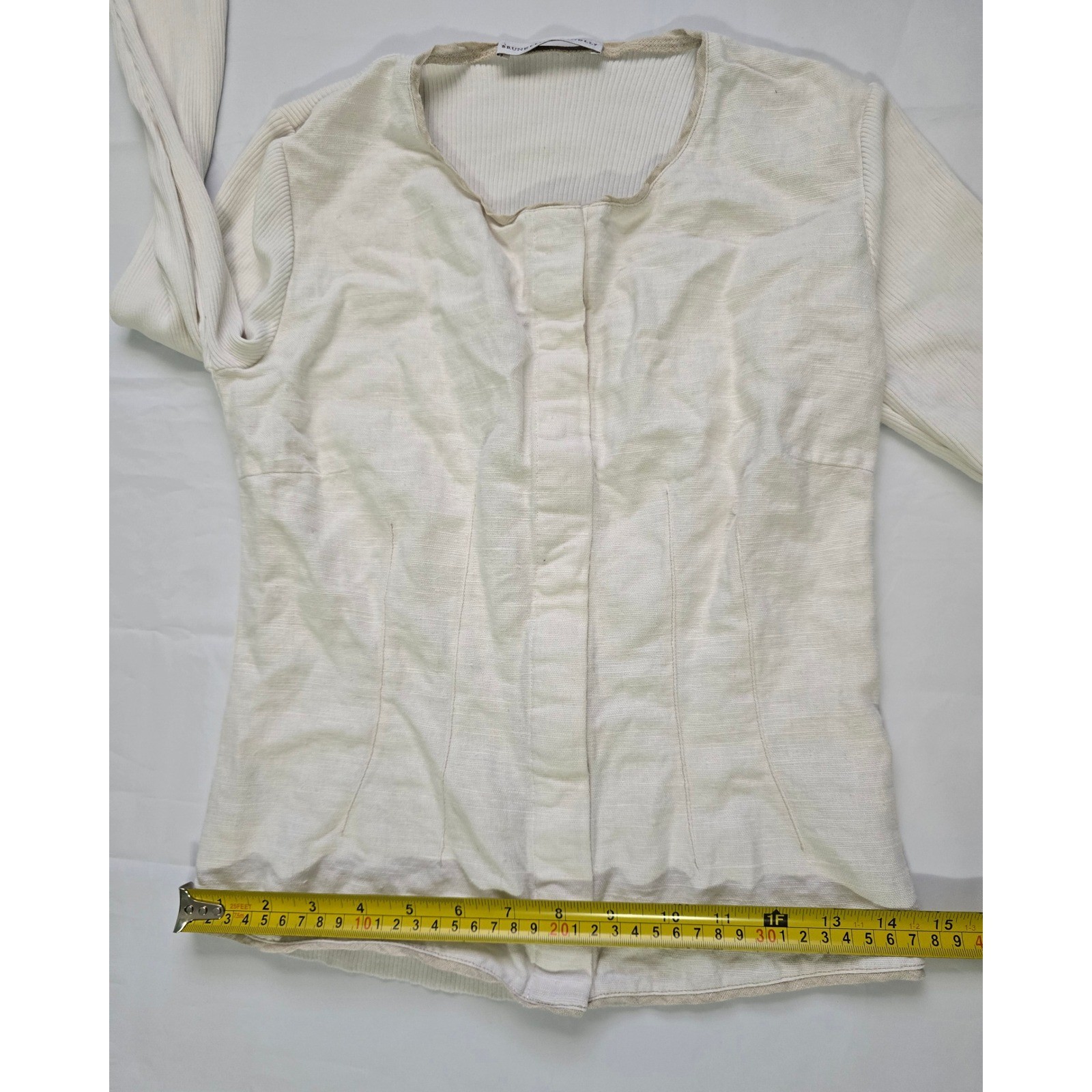 Brunello Cucinelli Cream Mixed Media Hook Eye Front Long S Top Small Cotton&Silk