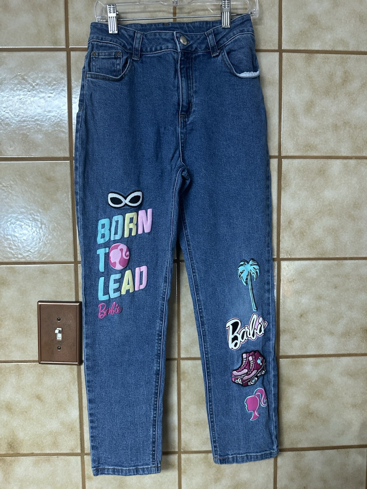 Barbie Big Girls Denim Jeans Size 12 Embellished Decal Patches Schoolcore Play