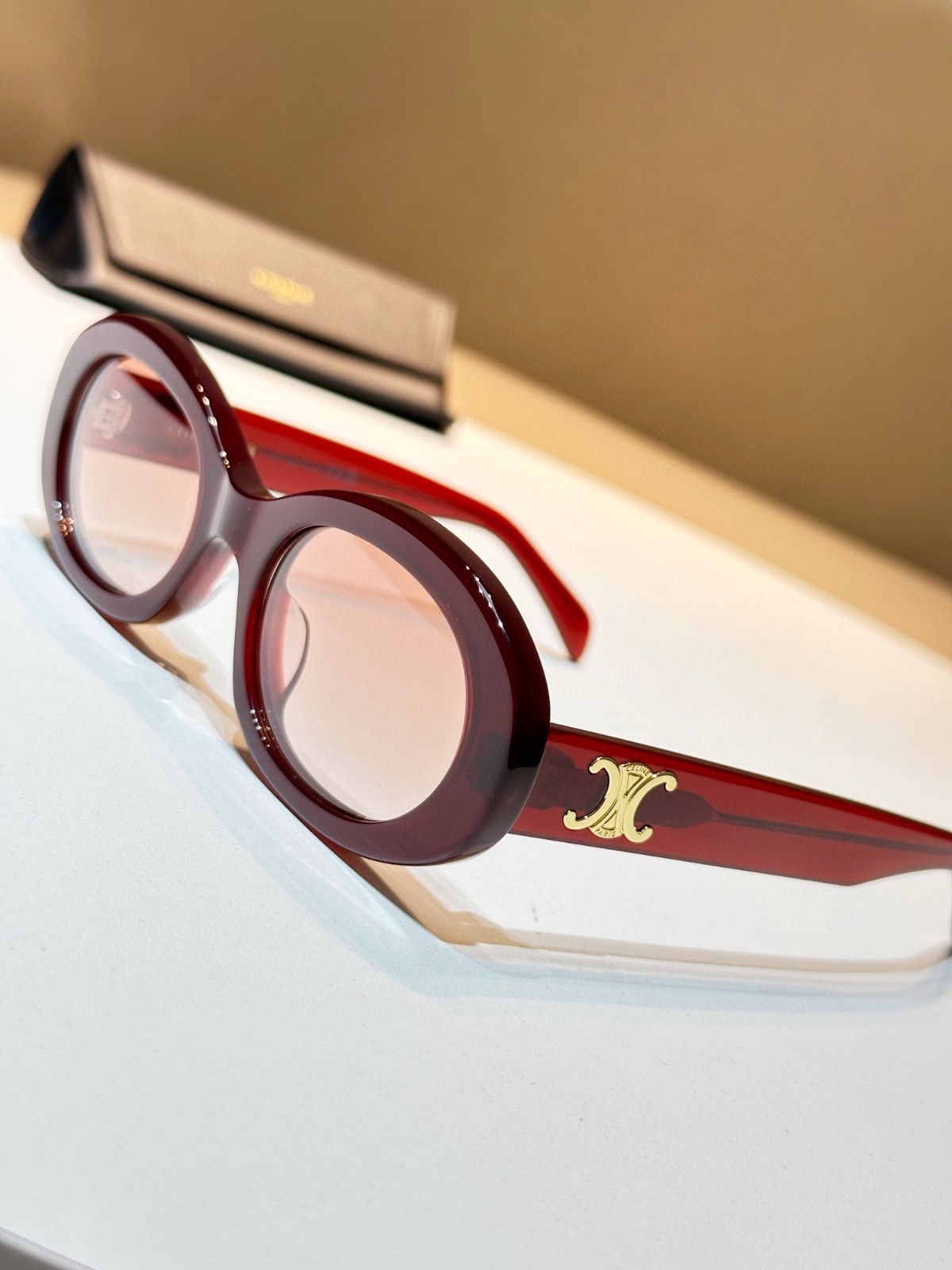 Celine Triomphe Oval Sunglasses Burgundy Red Acetate Gold Logo Designer