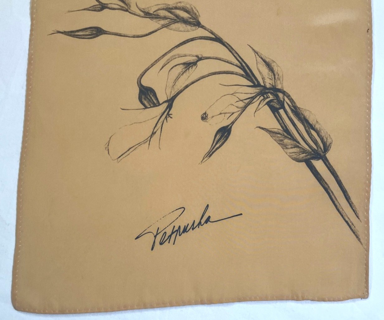 Petruska Beige Silk Crepe Scarf Gray Botanical Floral Modern 62.5″ x 10.5″