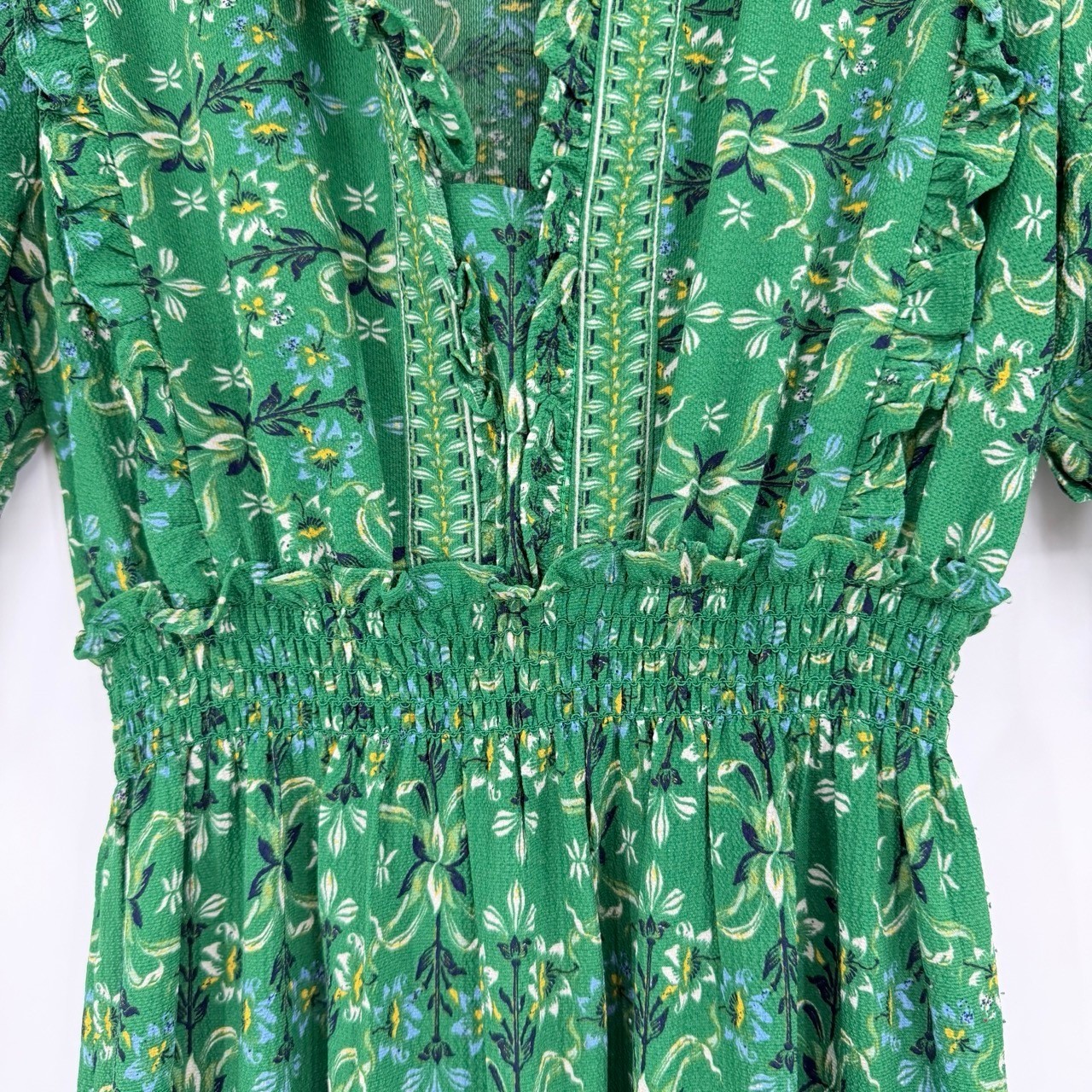 Max Studio Small Maxi Dress Green Floral Boho Tiered Smocked Ruffle Romantic