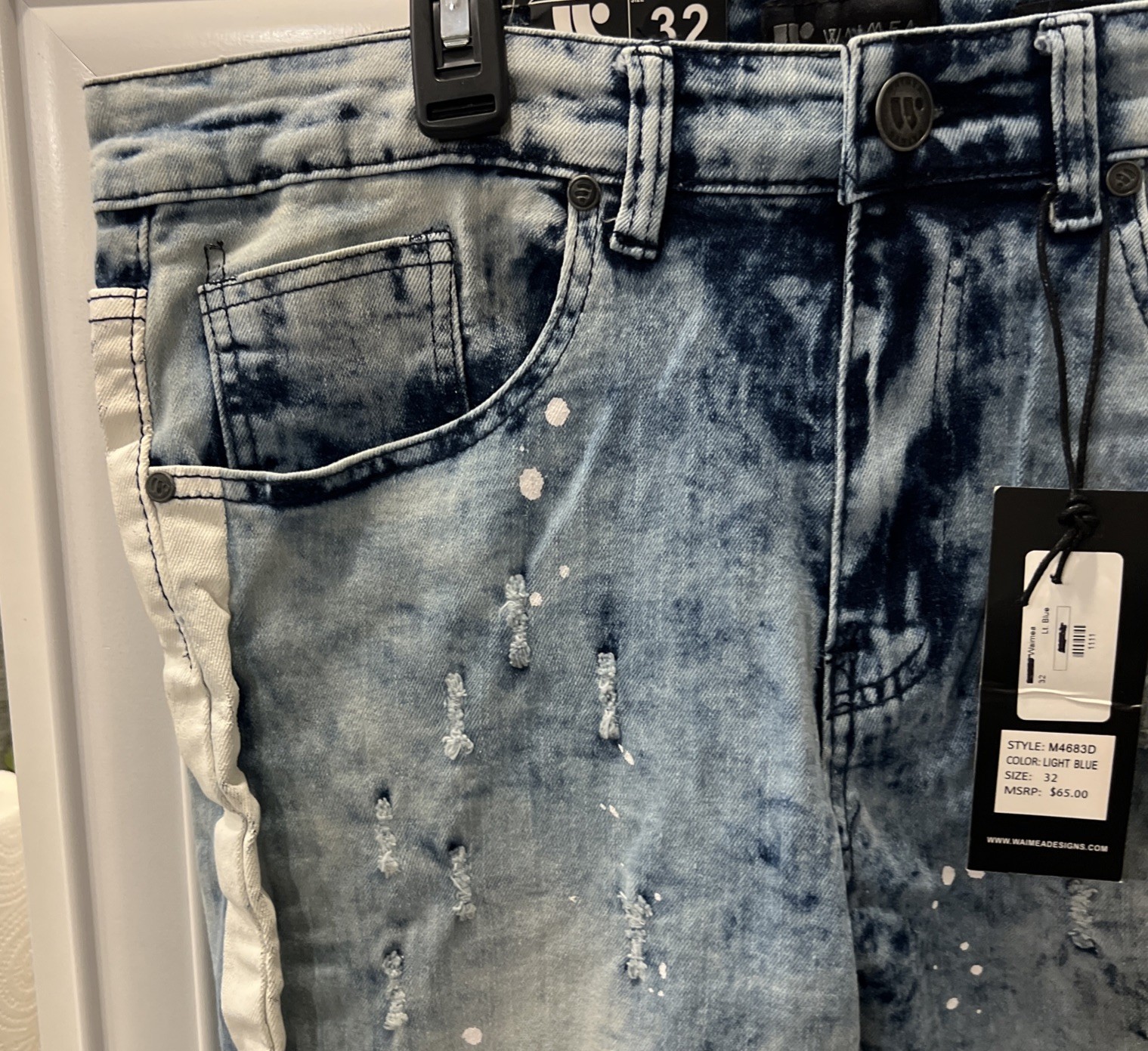 WAIMEA Lt. Blue/White Stripe Distressed Stretch Denim Mens Skinny Fit 32×32 NEW
