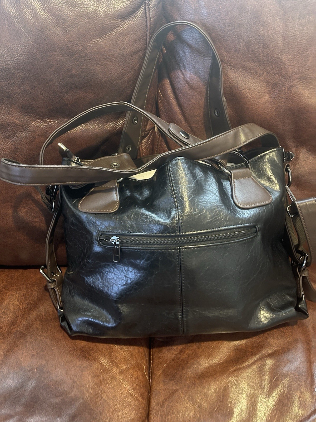 G.B. Black Satchel Top Handle Bag, Detachable Strap, Silver Hardware, Zip