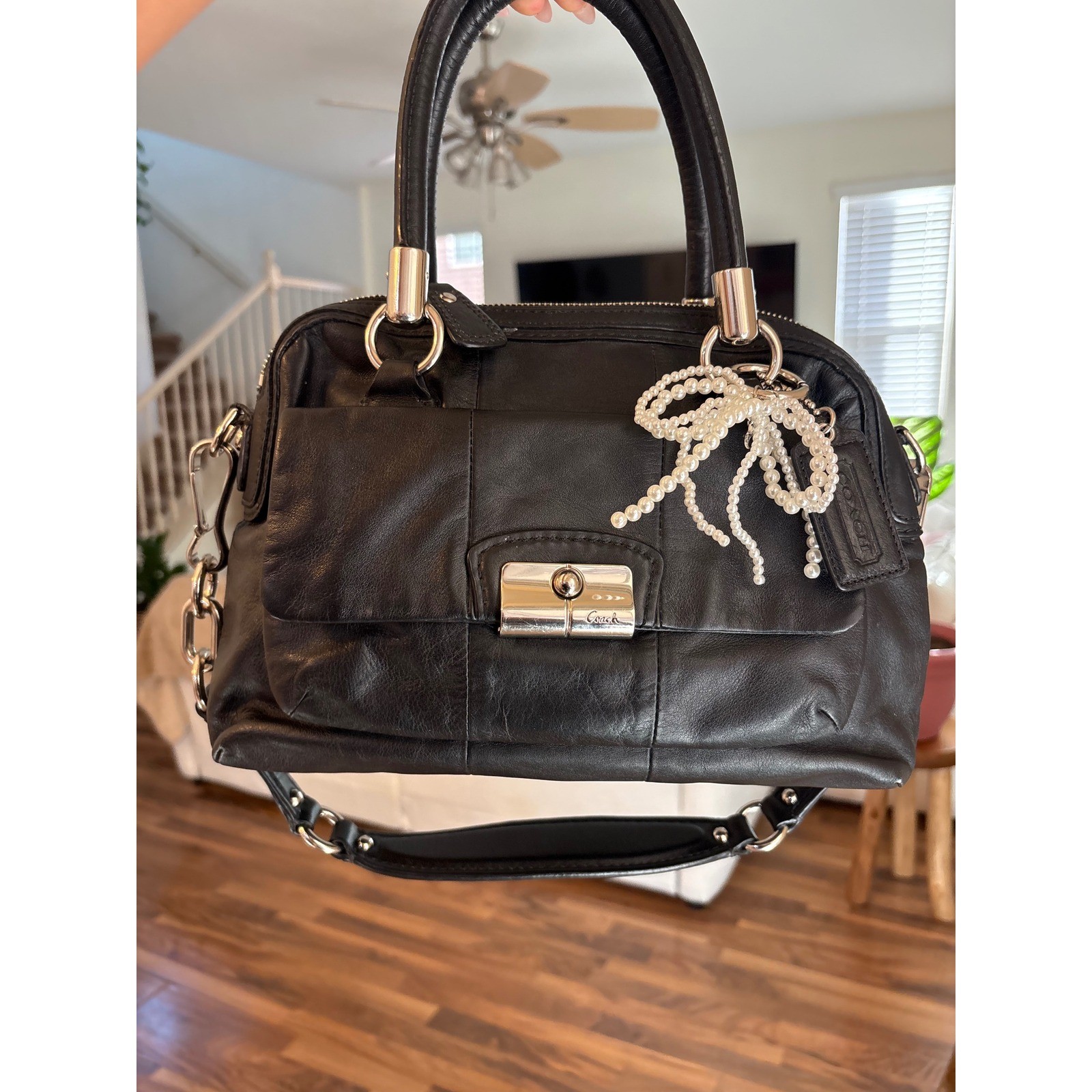 Coach Kristin Black Leather Satchel Handbag Silver Hardware 15003